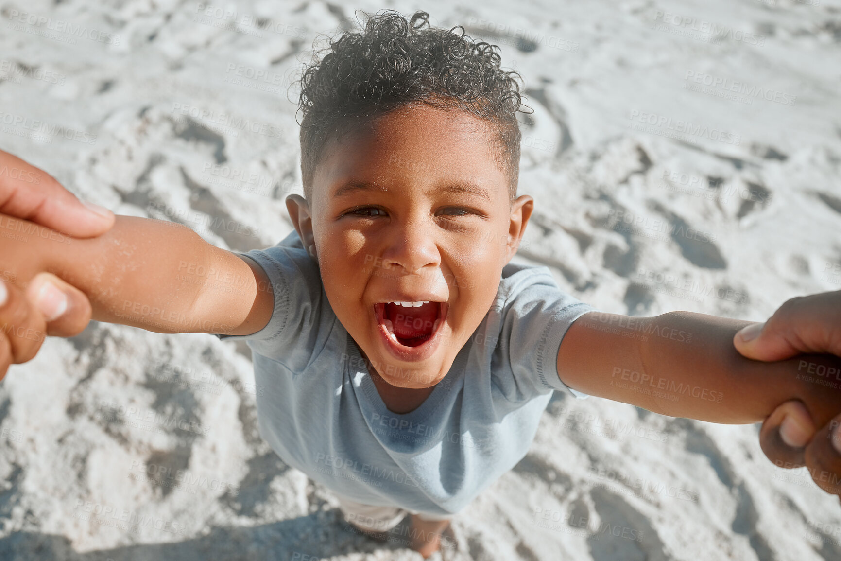 Buy stock photo Hands, excited and child with parent, outdoor and happy for  fun in nature, playing and joy for swing. Beach, energy and boy with smile, pov and holiday with son, family and portrait in Canada