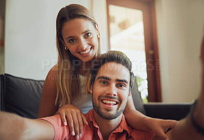 Buy stock photo Couple, selfie and portrait in home, love and online photography for bonding together. Happy people, support and camera app for profile picture in living room, romance and relax on weekend date