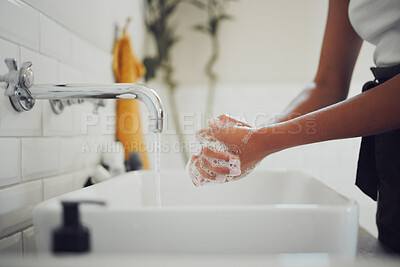 Buy stock photo Woman, tap and washing hands with soap in home, hygiene routine and sanitary disinfection. Female person, cleaning skin and germ protection with antibacterial foam, bathroom bubbles and remove dirt