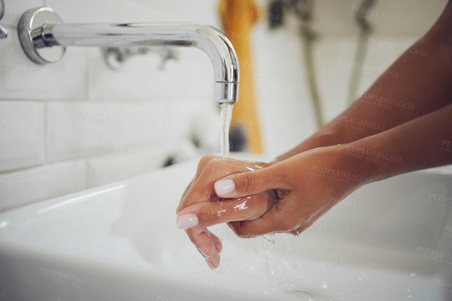 Buy stock photo Woman, water and washing hands with liquid in home, hygiene routine and sanitary disinfection. Female person, cleaning skin and germ protection for maintenance, bathroom and remove dirt for health