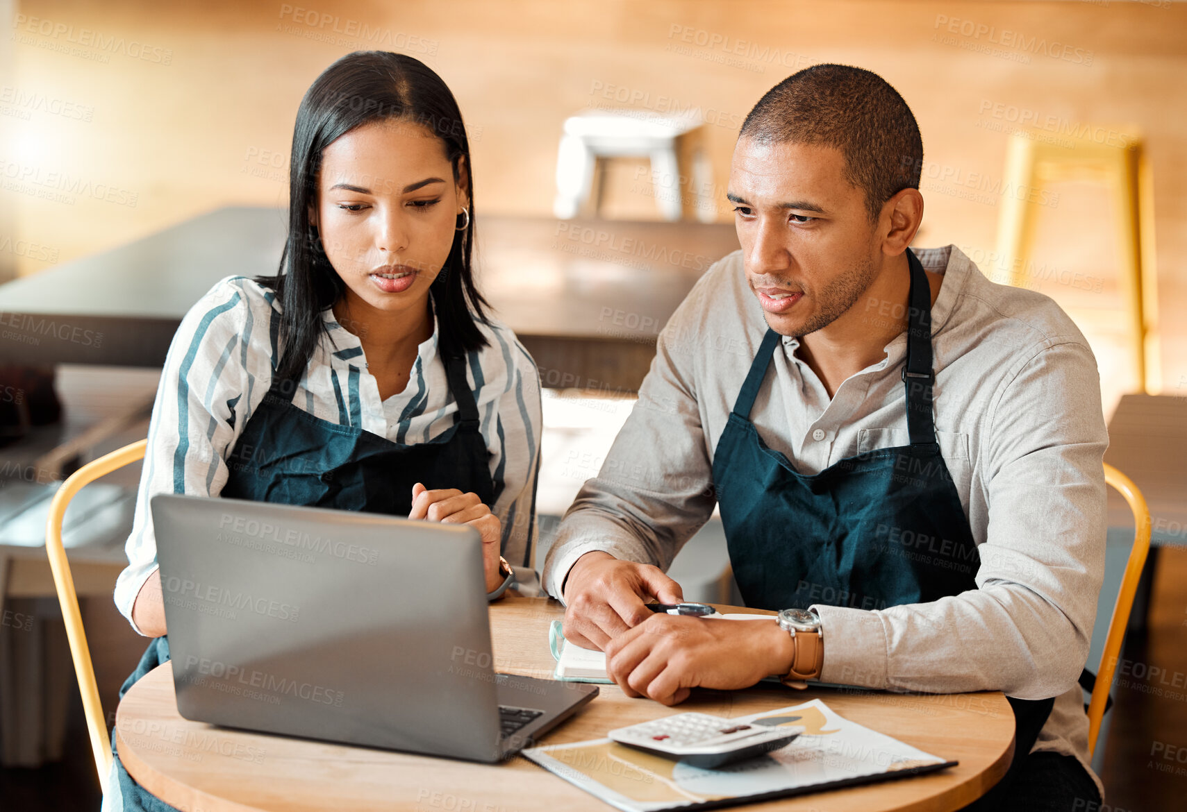 Buy stock photo Coffee shop, finance and laptop with management team at table for budget or menu planning together. Accounting, computer or documents with man and woman in cafe or restaurant for partnership