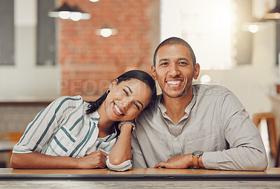 Buy stock photo Date, love and portrait with couple in coffee shop together for bonding, relationship or romance. Comfort, hug or smile with happy man and woman in cafe or restaurant for relaxation or security