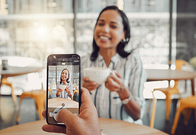 Buy stock photo Woman, phone and screen in cafe for photography, social media and happy on lunch break with coffee. Female person, mobile and smile in restaurant for date memory, profile picture and relax with latte