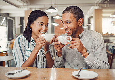 Buy stock photo Coffee, laughing and love with couple in cafe together for bonding, relationship or romance. Hug, funny or smile with happy man and woman dating in restaurant for comedy, comfort or relaxation