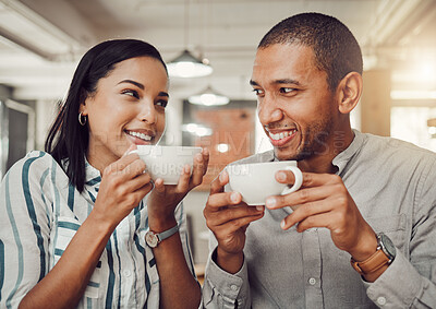 Buy stock photo Drink, love and smile with couple in coffee shop together for bonding, relationship or romance. Cup, date or flirting with happy man and woman in cafe or restaurant for comedy, comfort or relaxation