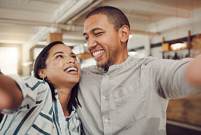 Buy stock photo Date, selfie and smile with couple in coffee shop together for bonding, relationship or romance. Hug, funny or love with happy man and woman in cafe or restaurant for profile picture or social media