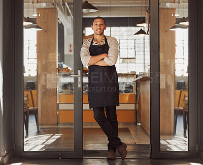 Buy stock photo Portrait, happy man and confident cafe owner with pride, hospitality or welcome to small business. Smile, coffee shop or entrepreneur with arms crossed, waiter or barista by door at startup in Mexico