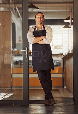 Buy stock photo Portrait, happy man and cafe owner with arms crossed for pride, hospitality or welcome to small business. Smile, coffee shop and confident entrepreneur, waiter or barista by door at startup in Mexico