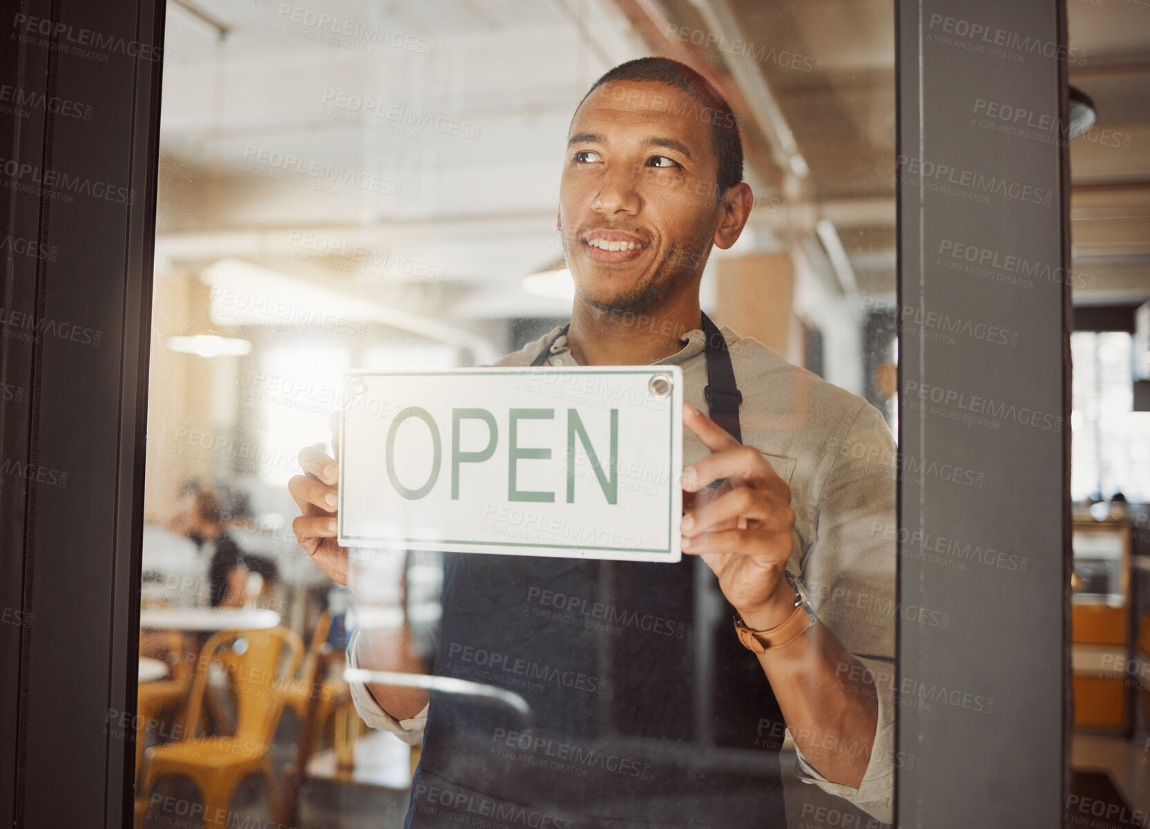 Buy stock photo Thinking, man and business owner with open sign of cafe welcome, customer service and hospitality industry. Male waiter, entrance and notice with invitation, startup and breakfast store of restaurant