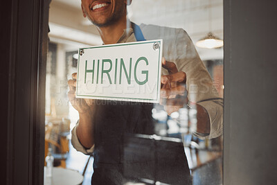 Buy stock photo Man, window and business owner with hiring sign for cafe recruitment, job vacancy and hospitality industry. Male waiter, billboard and onboarding invitation, contact us and information of opportunity