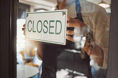 Buy stock photo Closed, sign and waiter by door of cafe for announcement, information and notice of service time. Entrance, board and small business owner for public communication, message and update at restaurant