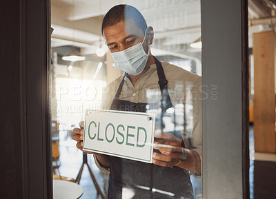 Buy stock photo Closed, sign and man by door of cafe for announcement, information and notice of cleaning time. Entrance, waiter and small business for communication, odor control and update at restaurant with mask