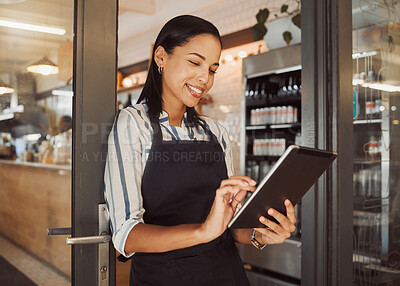 Buy stock photo Woman, business owner and tablet by entrance of cafe for ecommerce website, inventory delivery and supply chain. Smile, female waitress and digital for online order, hospitality reviews and checklist