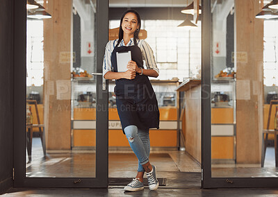 Buy stock photo Portrait, happy woman and coffee shop owner with tablet for sales, stock check or menu in small business. Smile, cafe or entrepreneur with technology, waitress or barista by door at startup in Chile