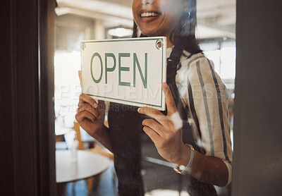 Buy stock photo Open, sign and waiter by door of cafe for announcement, information and notice of service time. Entrance, woman and small business board for public communication, message and update at restaurant