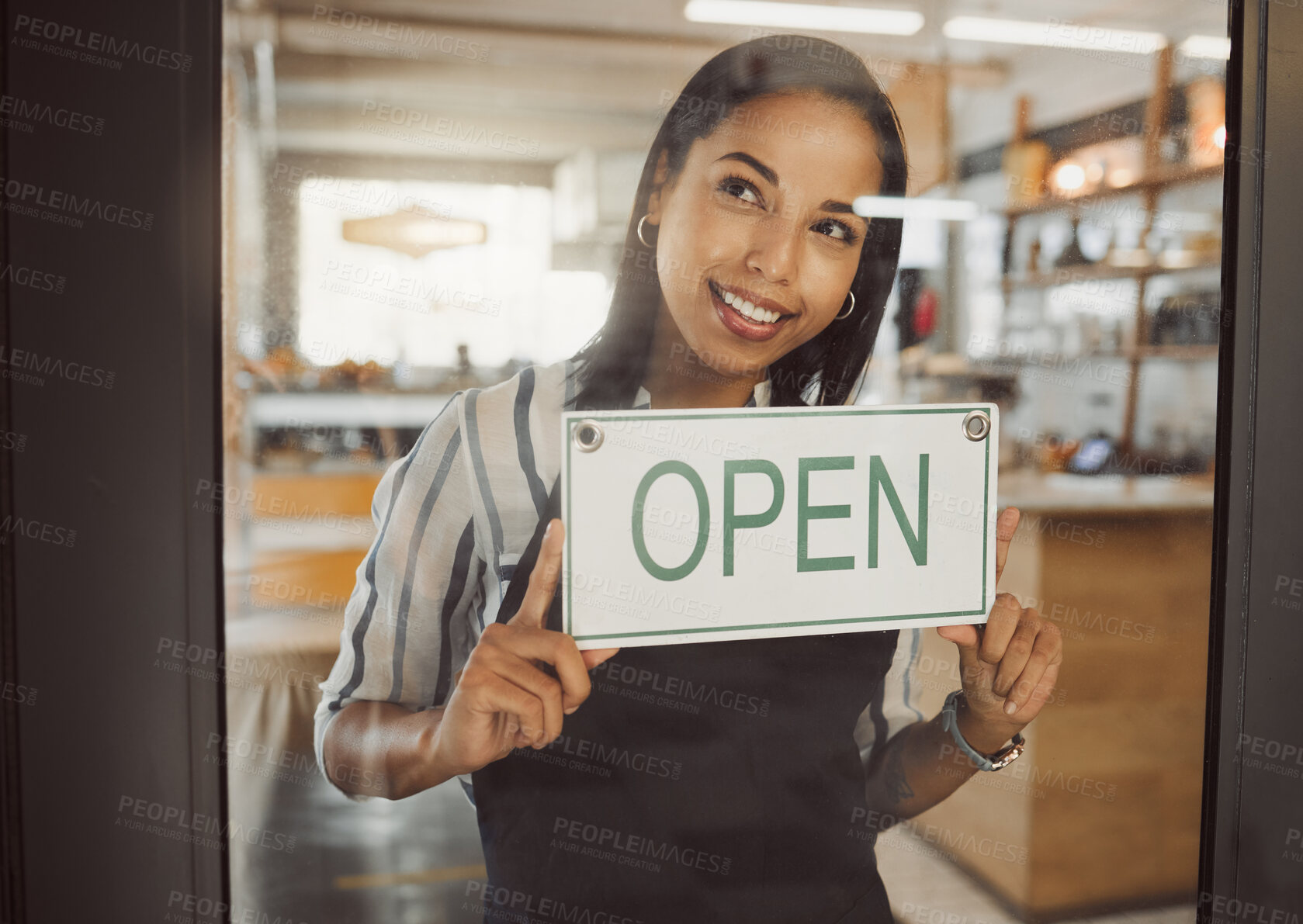 Buy stock photo Open, sign and waiter by door of restaurant for announcement, information and service time notice. Entrance, woman and small business board for public communication, message and update at new cafe