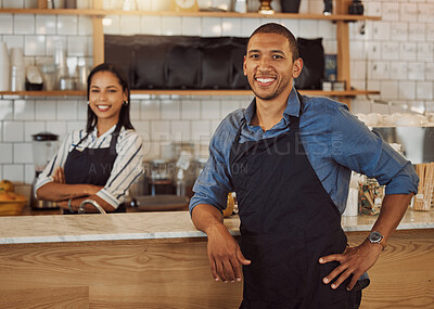 Buy stock photo Portrait, partner and happy cafe owners with pride, hospitality and welcome to small business. Face, coffee shop and confident entrepreneur, waiters and team of people with arms crossed at startup