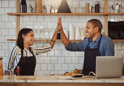 Buy stock photo Waiter, people and happy in cafe with high five for startup success, funding loan approval or achievement. Restaurant, partnership or excited owners with celebration for sale target or small business