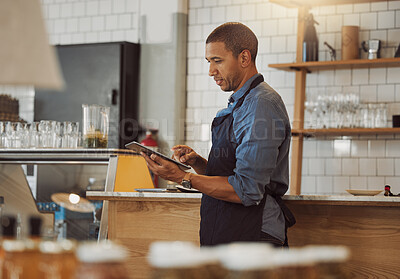 Buy stock photo Businessman, barista and digital with tablet for cafe, online service or stock management with scroll. Coffee shop, male person and owner with technology for inventory tracking, menu web or checklist