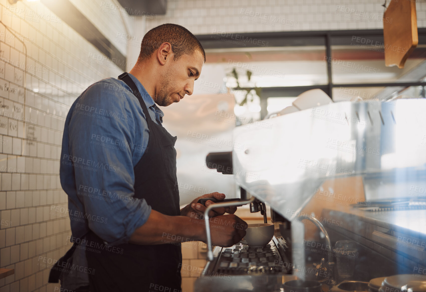 Buy stock photo Cafe, small business and man with coffee machine for drink, espresso and matcha latte for preparation. Restaurant, male person and barista with beverage for order, customer service and hospitality