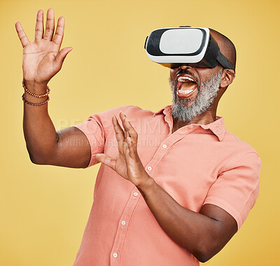 Buy stock photo African man, virtual reality glasses and wow, surprise and 3d user experience on yellow background in studio. Mature gamer, test and ar vision with shock, iot and metaverse ui with future fantasy