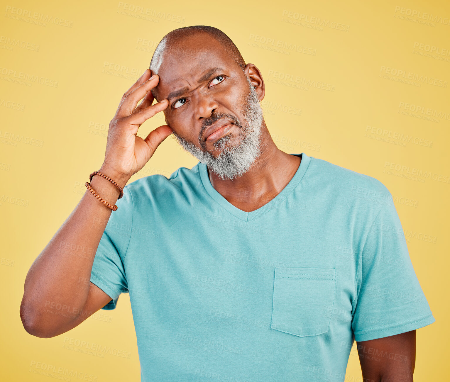 Buy stock photo Thinking, confused and mature black man in studio with memory, problem solving or decision. Remember, doubt and frustrated person with brainstorming, ideas and planning choice on yellow background