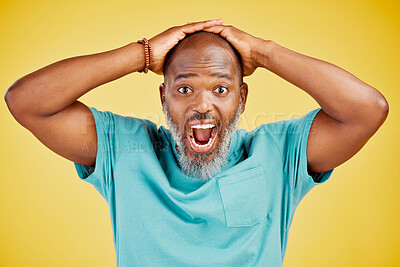 Buy stock photo Black man, portrait and surprise in studio, secret and reaction for announcement on yellow background. Mature person, shock and wow for information or gossip revelation, omg and open mouth for rumor