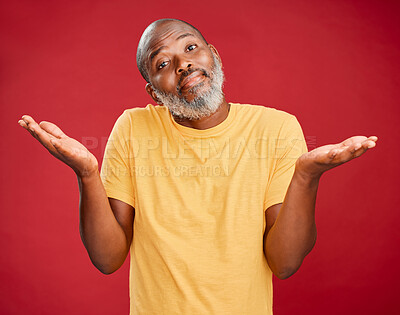 Buy stock photo Shrug, doubt and portrait of black man in studio with opinion, question or lost in decision. Puzzled, confused and frustrated mature person with uncertain gesture, idea or choice on red background