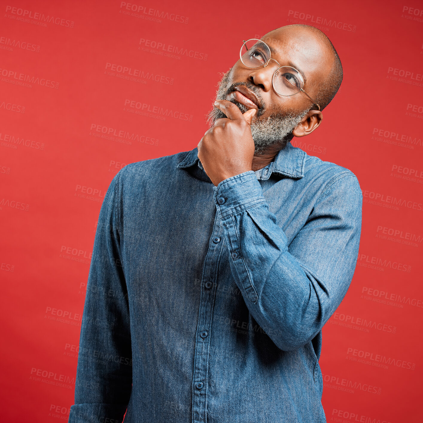 Buy stock photo Thinking, ideas and mature black man in studio with memory, professional or business decision. Remember, glasses and creative designer with brainstorming, planning or opinion choice on red background