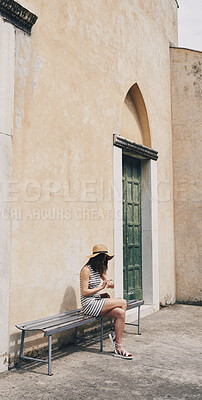 Buy stock photo Woman, check time and vacation in city on bench for transportation, shuttle or bus on sidewalk in spring. Person, watch and outdoor with waiting for taxi by buildings, journey and holiday in Italy