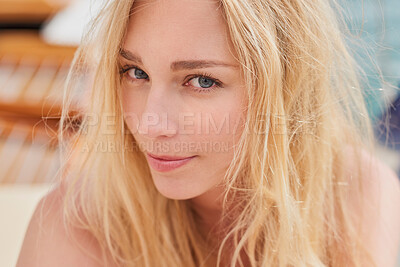 Buy stock photo Happy, face and portrait of woman on boat for travel, vacation or getaway by ocean for adventure. Journey, smile and closeup of female person from Germany on yacht for transportation on holiday.