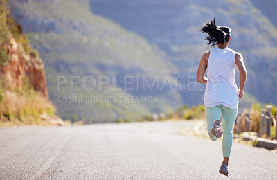 Buy stock photo Back, fitness and running with woman on road outdoor for cardio, exercise or marathon training. Energy, health and wellness with runner or sports person with space for challenge during workout