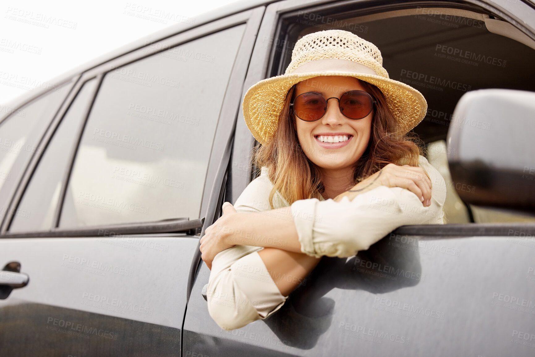 Buy stock photo Woman, window and portrait in car with journey for summer vacation, holiday or tourism in Canada. Happy, drive and person with sunglasses in travel for morning, adventure or  road trip at countryside