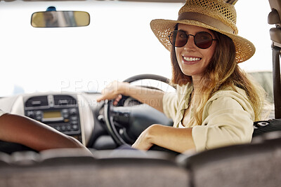 Buy stock photo Sunglasses, drive and woman with smile in car for summer holiday, vacation and weekend journey. Relax, female person and happy with travel in vehicle for road trip, adventure or tourism in California