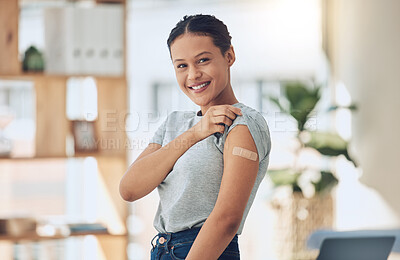 Buy stock photo Happy woman, portrait and vaccine with plaster for healthcare, cure or recovery at home. Young female person with smile and arm for vaccination, protection or medical injection at house