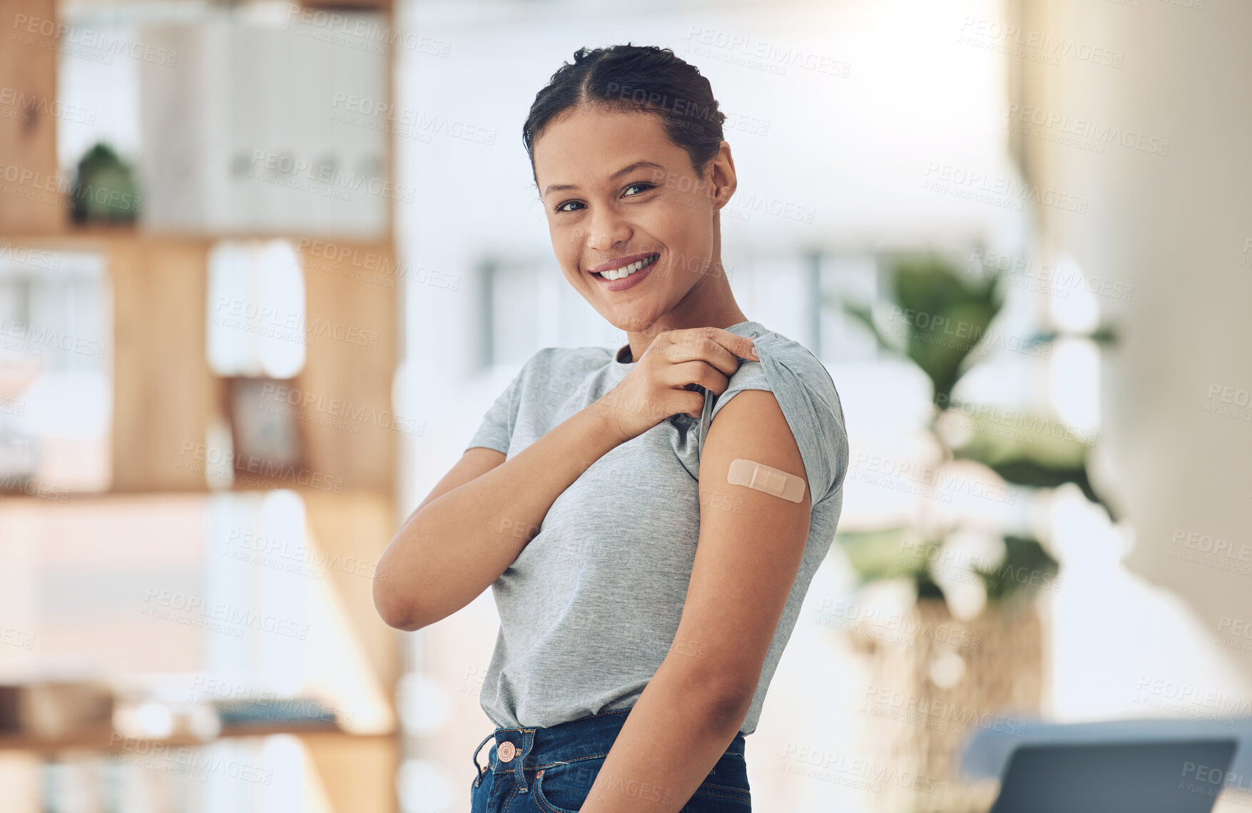 Buy stock photo Happy woman, portrait and vaccine with plaster for healthcare, cure or recovery at home. Young female person with smile and arm for vaccination, protection or medical injection at house