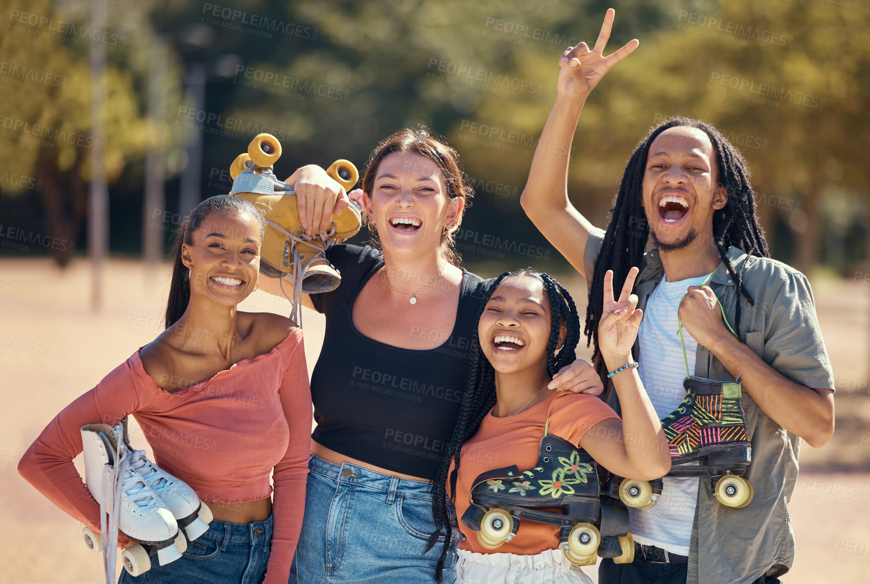 Buy stock photo Rollerskate, fun and youth with friends together in urban city park for friendship, smile and laughing. Summer, happy and community with group of people for skating, trust and lifestyle