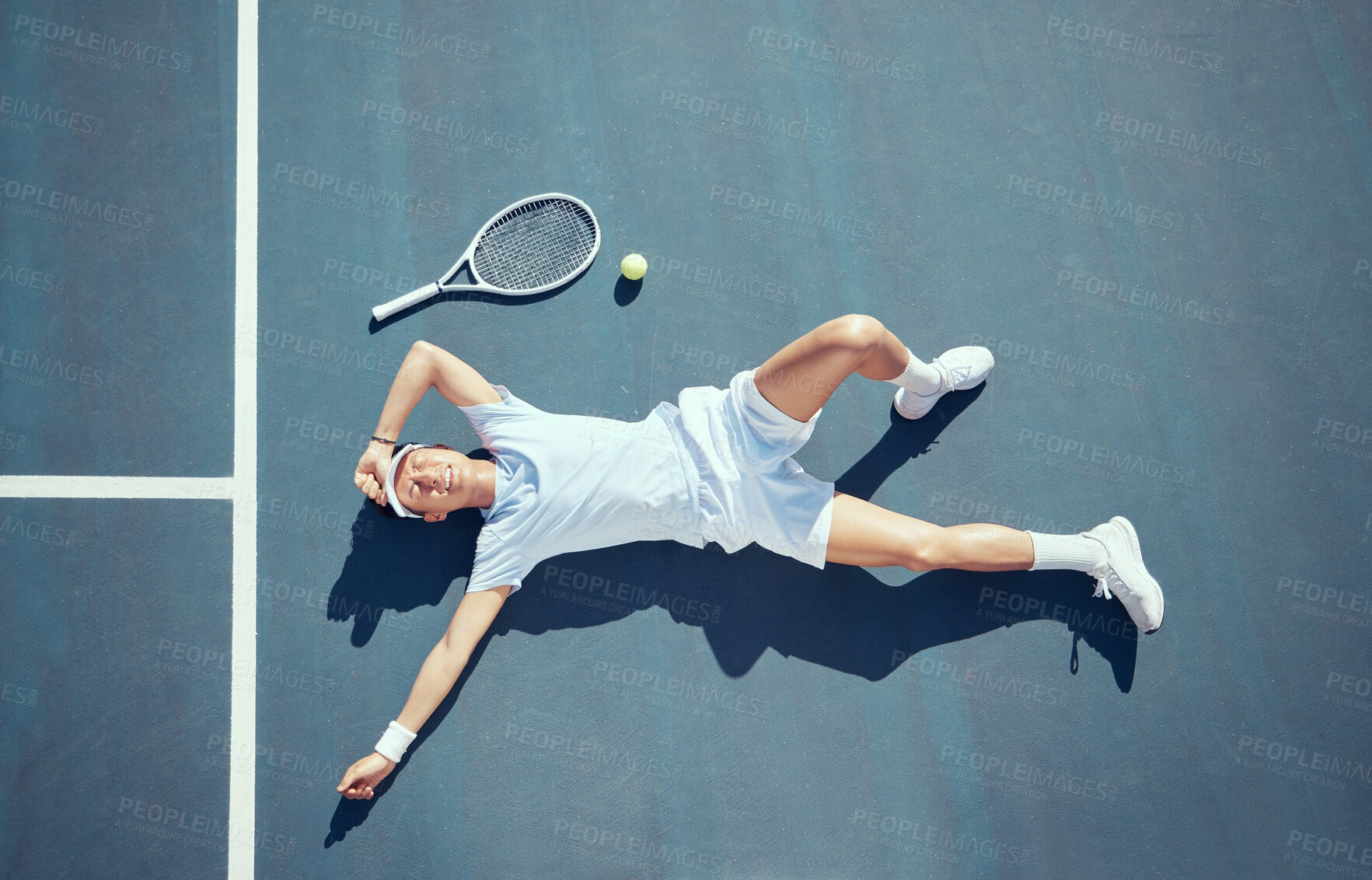 Buy stock photo Tired tennis player, sports burnout and game fatigue on court sport training, muscle injury from exercise on ground and sad about mistake. Depressed and Asian athlete upset about competition loss