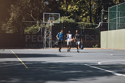 Buy stock photo Basketball court, men and sports team in fitness, workout and training after game, practice and competition match. Talking basketball players, sports people and friends in community wellness exercise