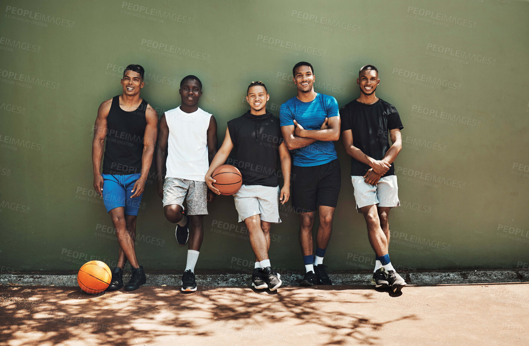 Buy stock photo Sports, basketball and team at court training for a game, match or competition with a smile. Portrait of athletes, workout and diverse group of men playing sport for exercise, fitness and health