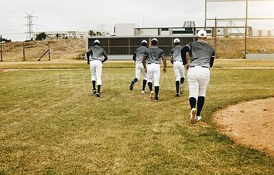 Buy stock photo Baseball, sports and team running on field ready to start training match, fitness workout and exercise together. Academy, teamwork and young men playing a game on grass or pitch outdoors in Dallas