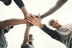 Below, hands and stack for sport, man and baseball with motivation, teamwork and smile together. Softball, circle and hand for sport, fitness and fun with happy, team and goal outdoor before game