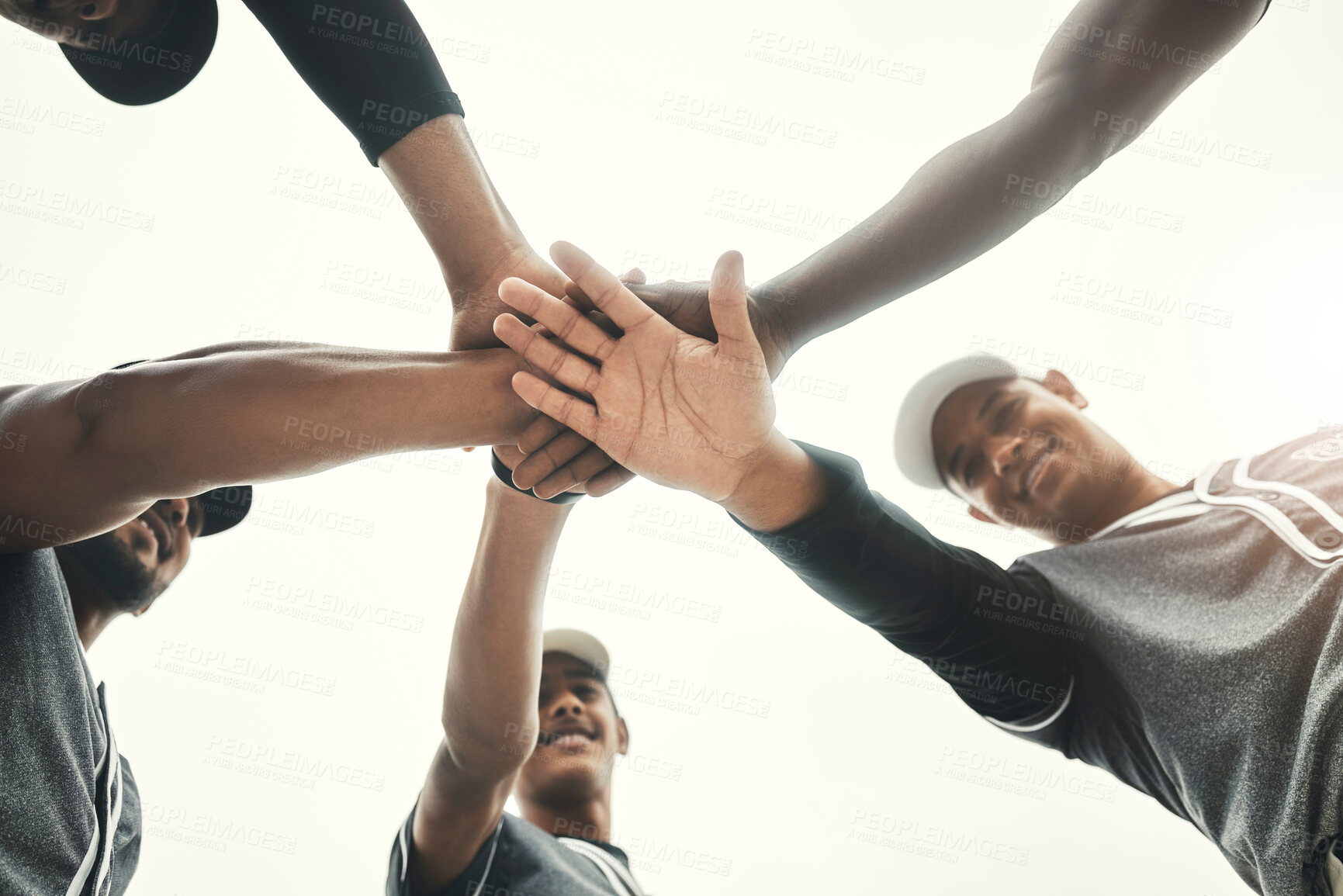 Buy stock photo Below, hands and stack for sport, man and baseball with motivation, teamwork and smile together. Softball, circle and hand for sport, fitness and fun with happy, team and goal outdoor before game