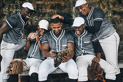 Buy stock photo Baseball team, sports men or mobile smartphone with funny internet joke, social media meme or comic app. Smile, happy or laughing softball players with ball, mitt gloves and 5g technology for fitness