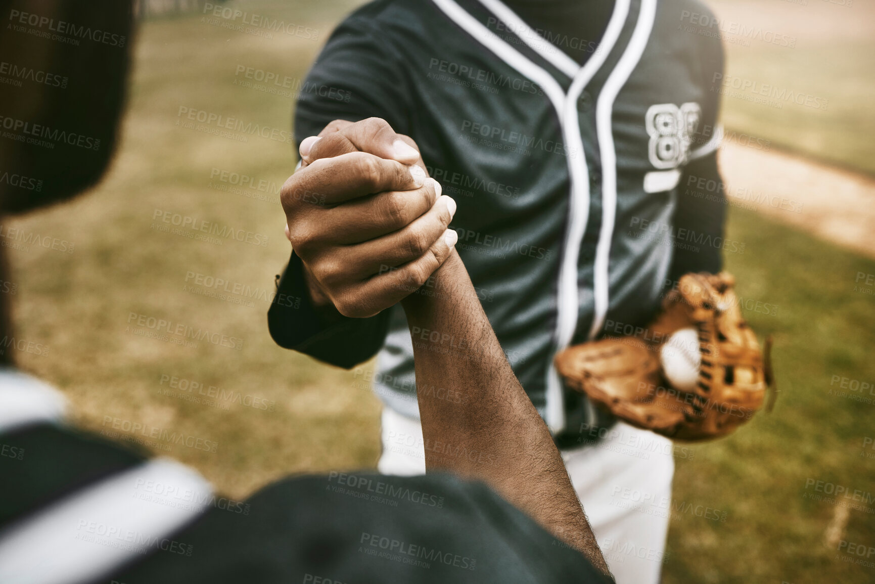 Buy stock photo Baseball, handshake and men shaking hands to welcome, thank you or respect before a sports game or match start. Teamwork, collaboration and baseball players greeting in exercise or training outdoor