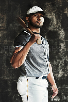 Buy stock photo Sport, fitness and baseball player with bat looking cool, focus and ready for competitive training. Vision, mindset and portrait of professional softball athletic man, determined attitude in Mexico