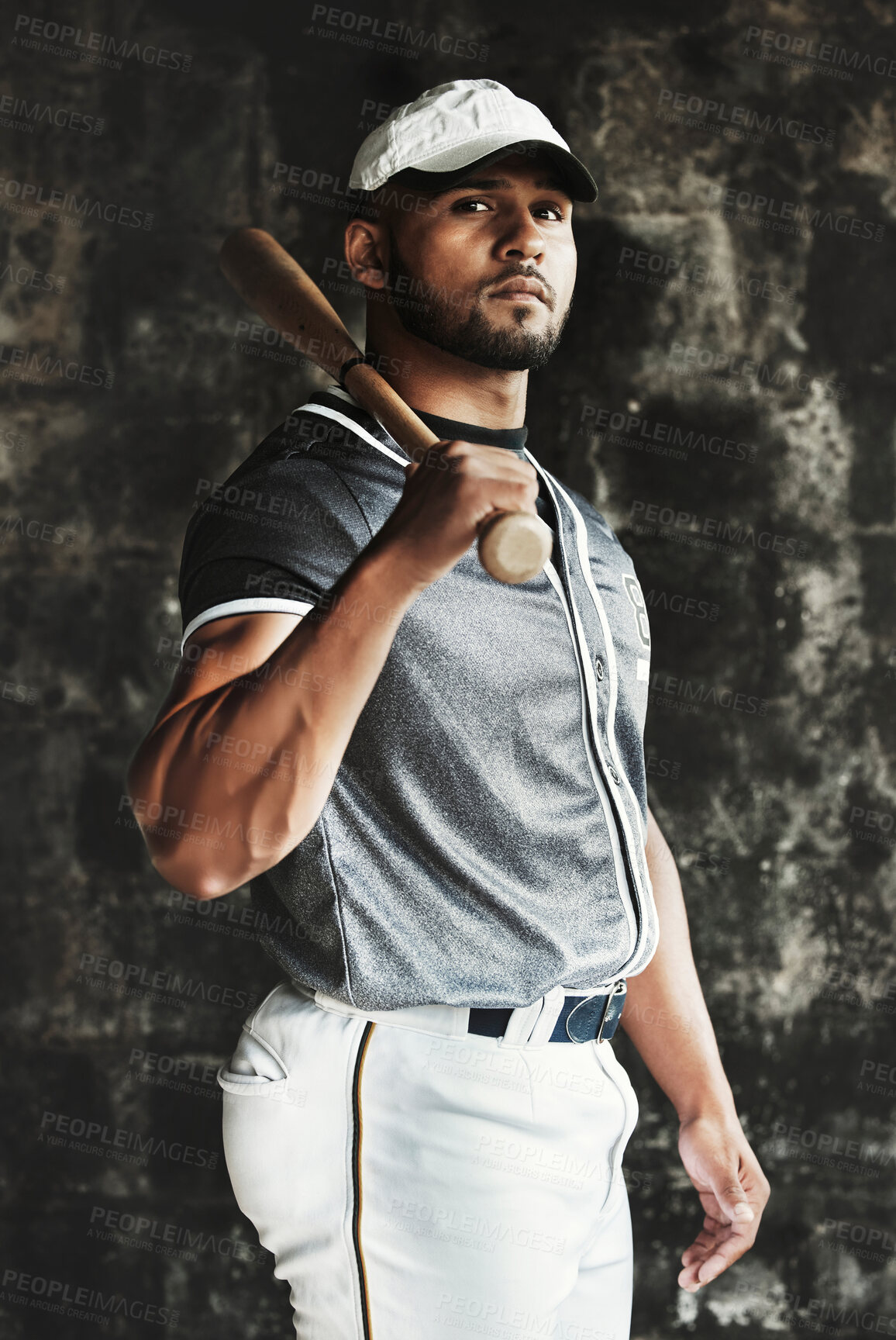 Buy stock photo Sport, fitness and baseball player with bat looking cool, focus and ready for competitive training. Vision, mindset and portrait of professional softball athletic man, determined attitude in Mexico