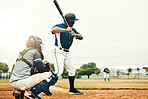Baseball man, team training game and baseball player baseball bat to hit softball ball on pitch. Professional USA athlete, focus and motivation on sport field for fitness workout on stadium ground 

