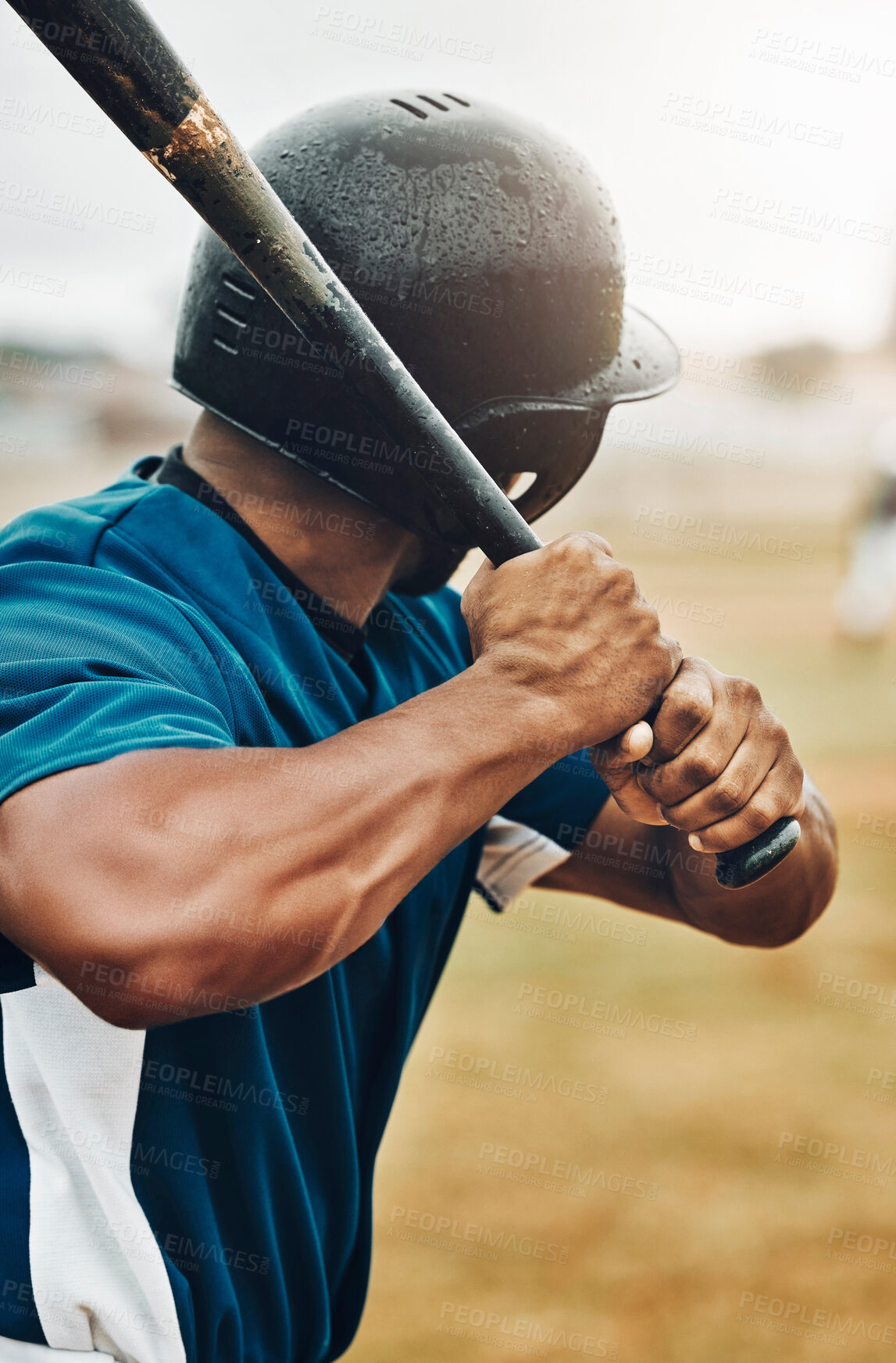 Buy stock photo Baseball, bat and baseball player, sports game and fitness, strong and arm muscle, sport training and waiting on pitch. Black man, athlete and baseball field, exercise and ready for practice or match