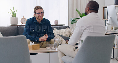 Buy stock photo Black man, talking psychologist and patient on mental health support sofa, anxiety consulting or depression counseling. Smile, happy and trust in psychology counselling therapy or rehabilitation help